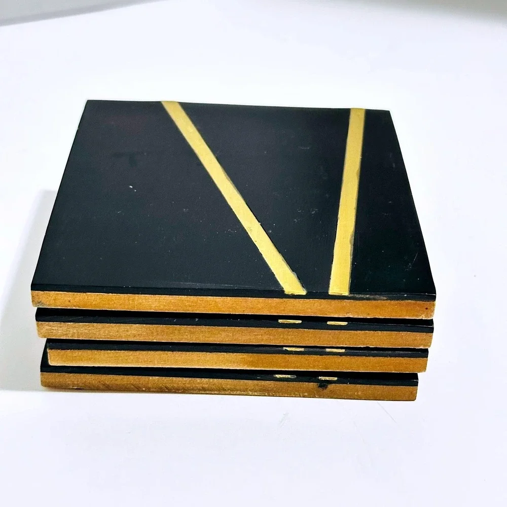 80's Black and Gold Geometric Square Coasters Set of 4 Art Deco‎ Style Wood